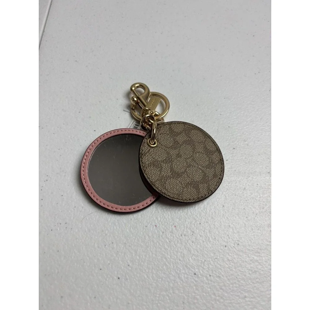 Coach Logo BeigePinkCharm With Mirror Brass KeyChain Purse Decor - New With Tag - Picture 4 of 5